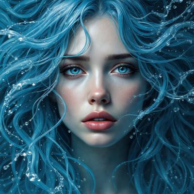 The primary subject of the image is a woman with blue hair, who is looking at the camera. She has a blue-green color to her hair, which is quite striking. The setting is a water-filled environment, with the woman standing in the water. The visual style of the image is a digital art, which gives it a unique and artistic appearance. The colors and mood of the image are predominantly blue and green, creating a serene and calming atmosphere.